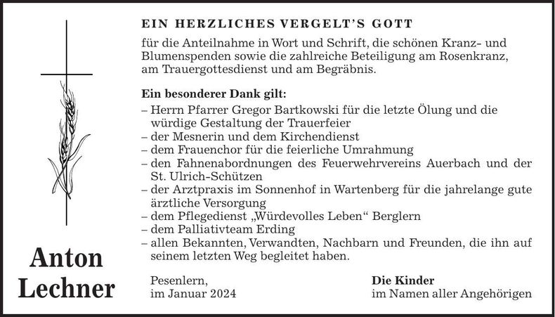 Traueranzeige Anton Lechner