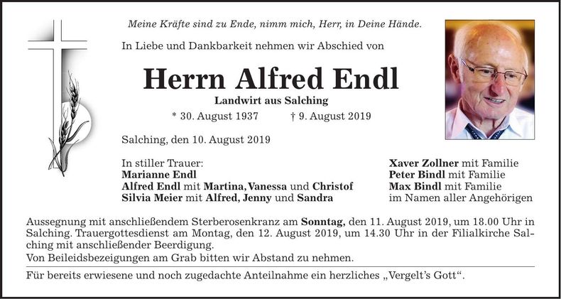 Traueranzeige Alfred Endl