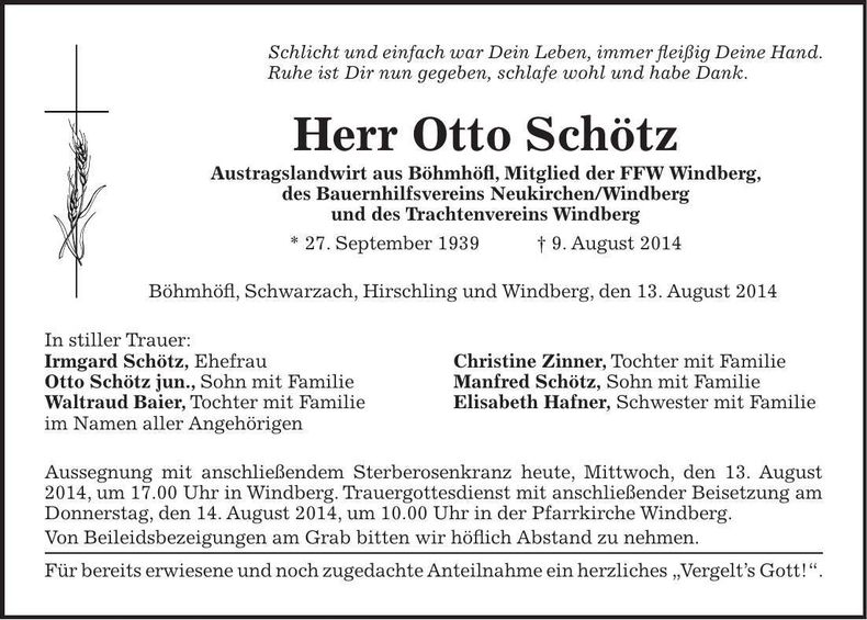 Traueranzeige Otto Schötz