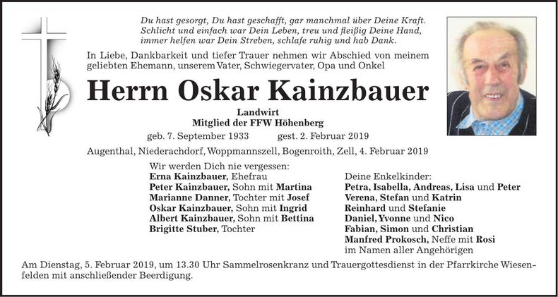 Traueranzeige Oskar Kainzbauer