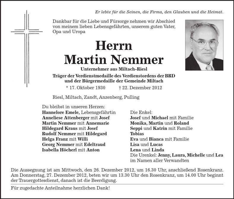 Traueranzeige Martin Nemmer