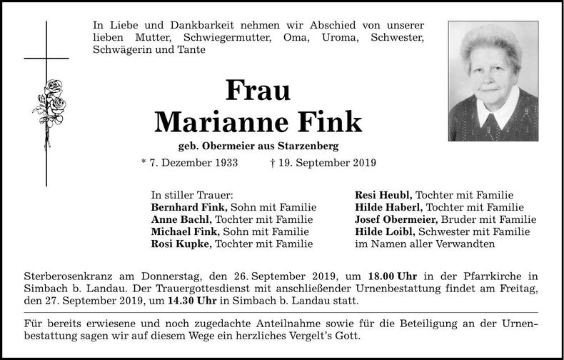 Traueranzeige Marianne Fink