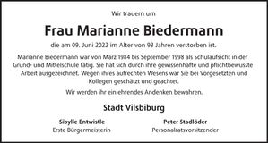 Traueranzeige Marianne Biedermann