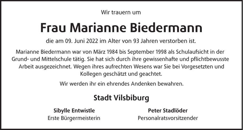 Traueranzeige Marianne Biedermann