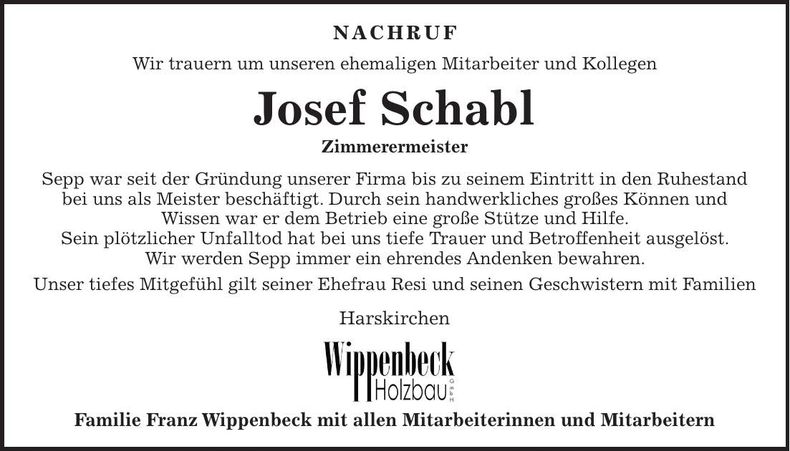 Traueranzeige Josef Schabl