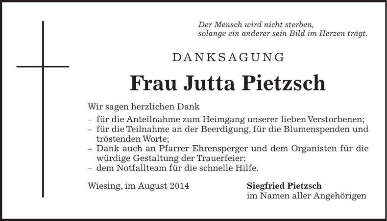 Traueranzeige Jutta Pietzsch