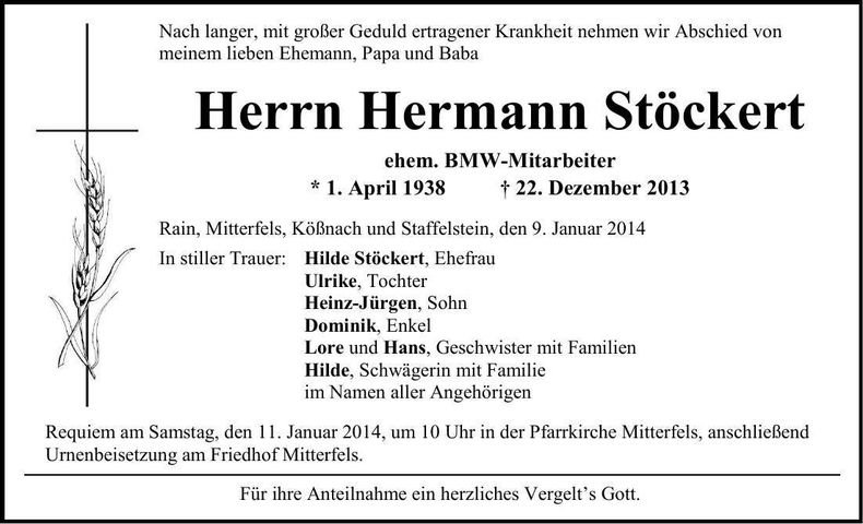 Traueranzeige Hermann Stöckert