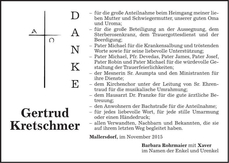Traueranzeige Gertrud Kretschmer