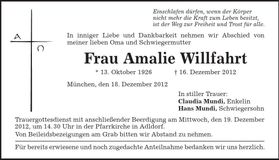 Traueranzeige Amalie Willfahrt