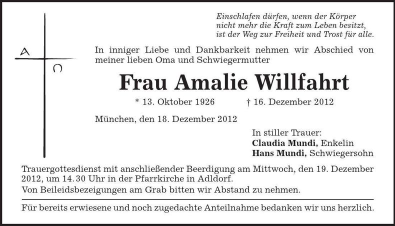 Traueranzeige Amalie Willfahrt