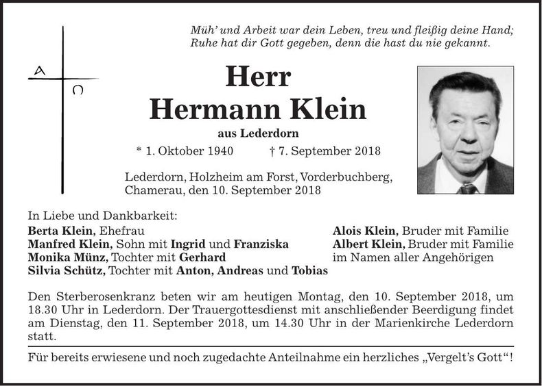 Traueranzeige Hermann Klein