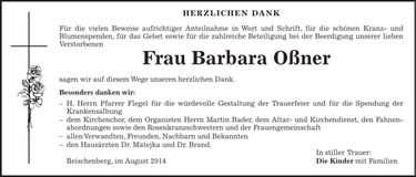 Traueranzeige Barabara Oßner