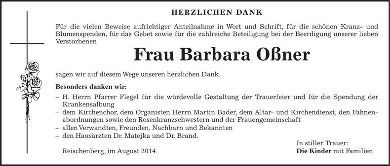 Traueranzeige Barabara Oßner