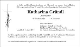 Traueranzeige Katharina Gründl