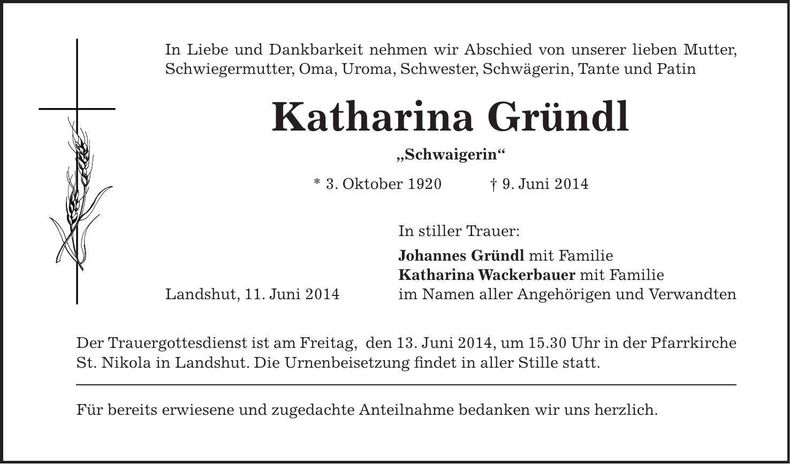Traueranzeige Katharina Gründl