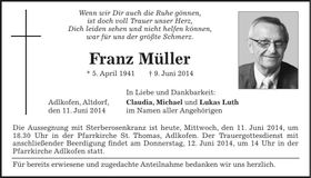 Traueranzeige Franz Müller