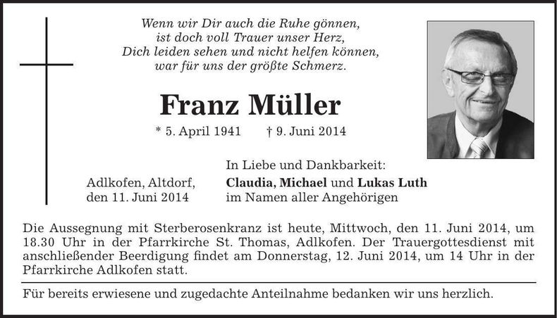 Traueranzeige Franz Müller