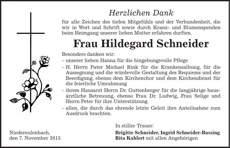 Traueranzeige Hildegard Schneider