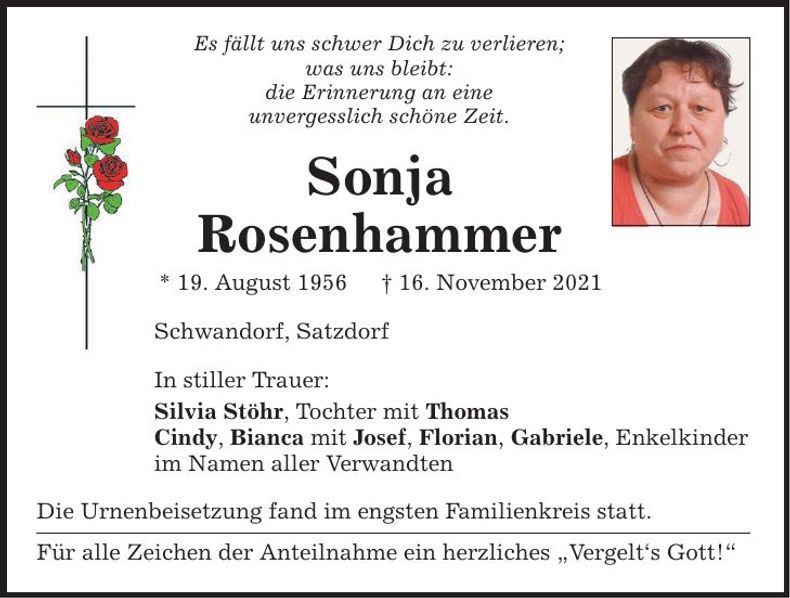 Traueranzeige Sonja Rosenhammer