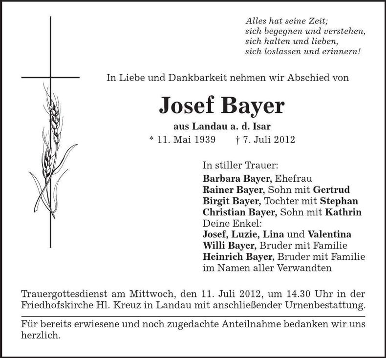 Traueranzeige Josef Bayer