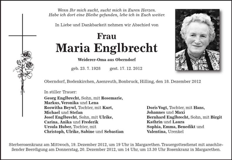 Traueranzeige Maria Englbrecht