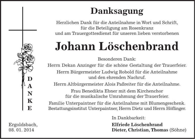 Traueranzeige Johann Löschenbrand