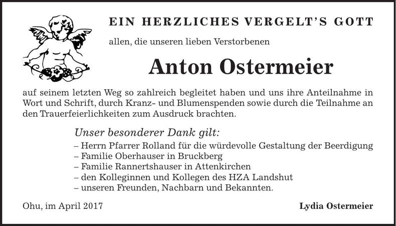 Traueranzeige Anton Ostermeier