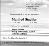 Traueranzeige Manfred Stadtler