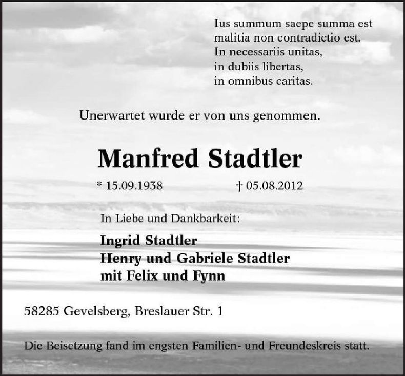 Traueranzeige Manfred Stadtler