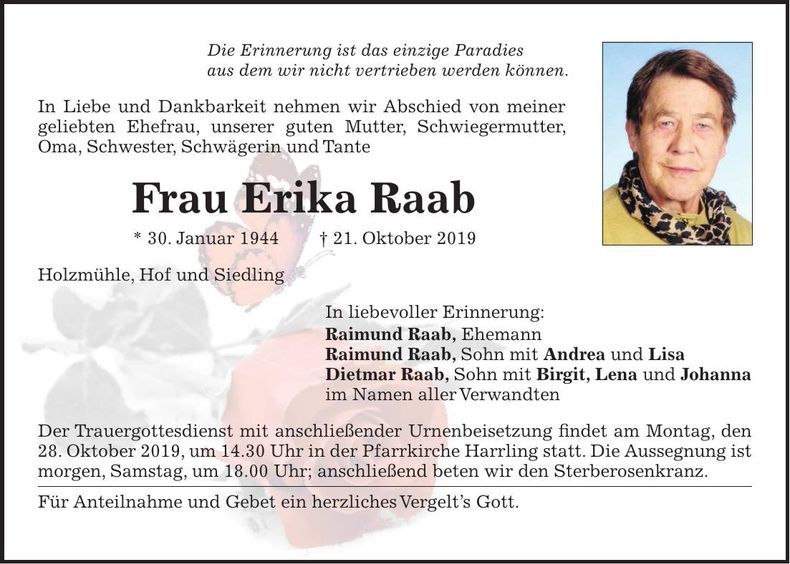 Traueranzeige Erika Raab