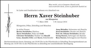 Traueranzeige Xaver Steinhuber