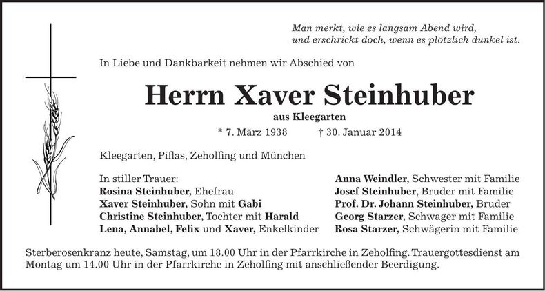 Traueranzeige Xaver Steinhuber