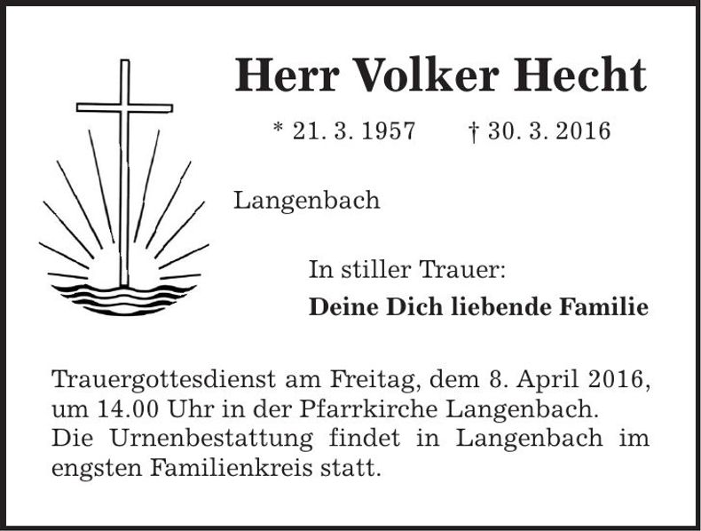 Traueranzeige Volker Hecht