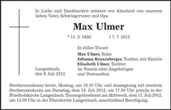 Traueranzeige Max Ulmer