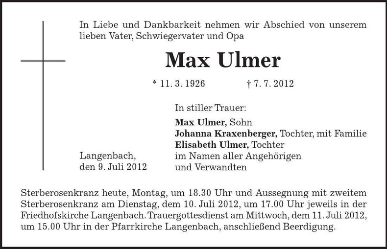 Traueranzeige Max Ulmer