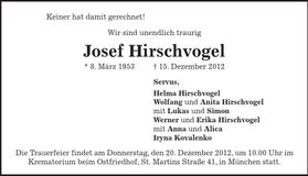 Traueranzeige Josef Hirschvogel
