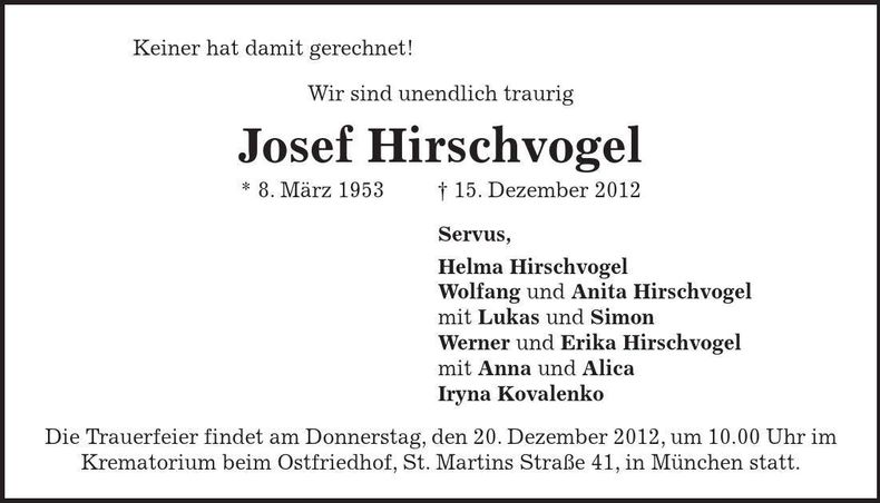 Traueranzeige Josef Hirschvogel