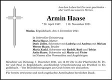 Traueranzeige Armin Haase