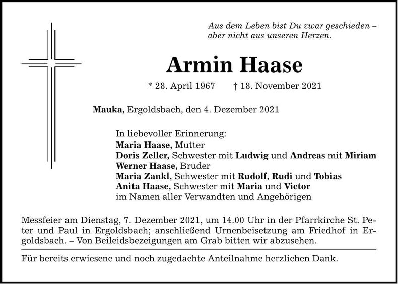 Traueranzeige Armin Haase