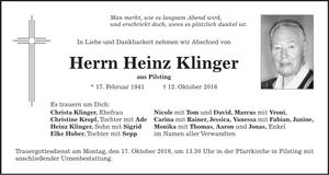 Traueranzeige Heinz Klinger