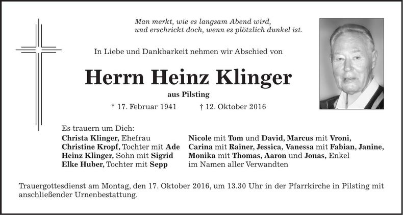 Traueranzeige Heinz Klinger