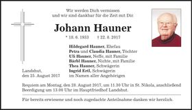 Traueranzeige Johann Hauner