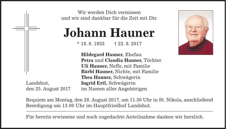Traueranzeige Johann Hauner