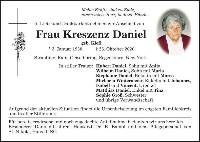 Traueranzeige Kreszenz Daniel