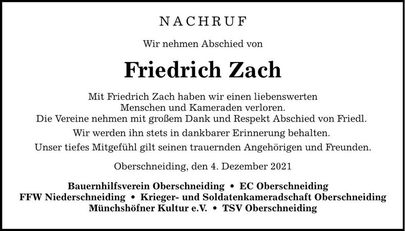 Traueranzeige Friedrich Zach