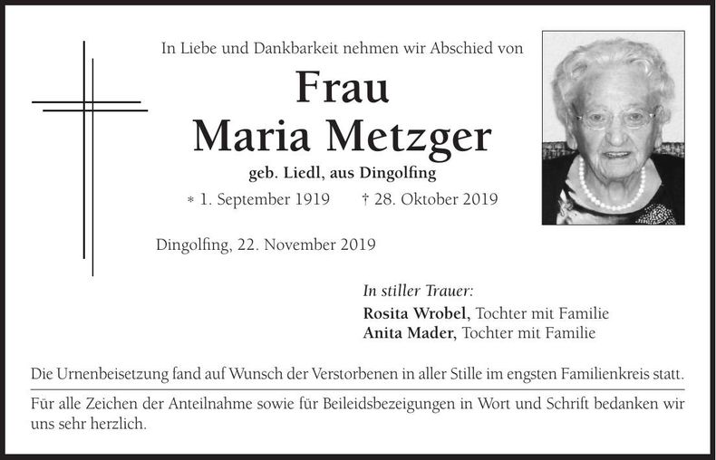 Traueranzeige Maria Metzger