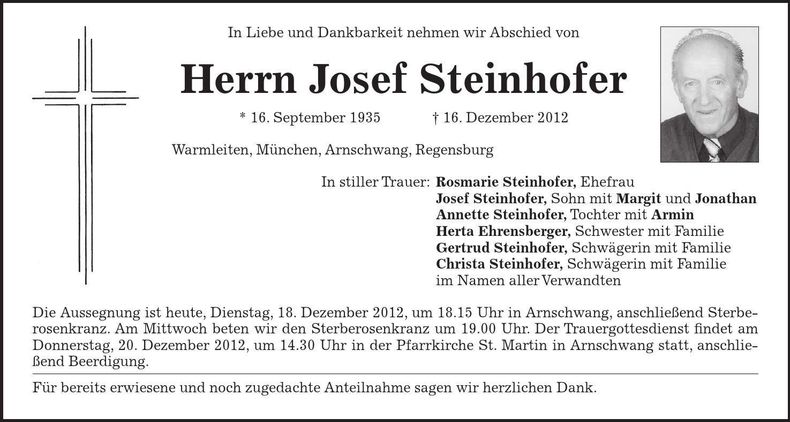 Traueranzeige Josef Steinhofer