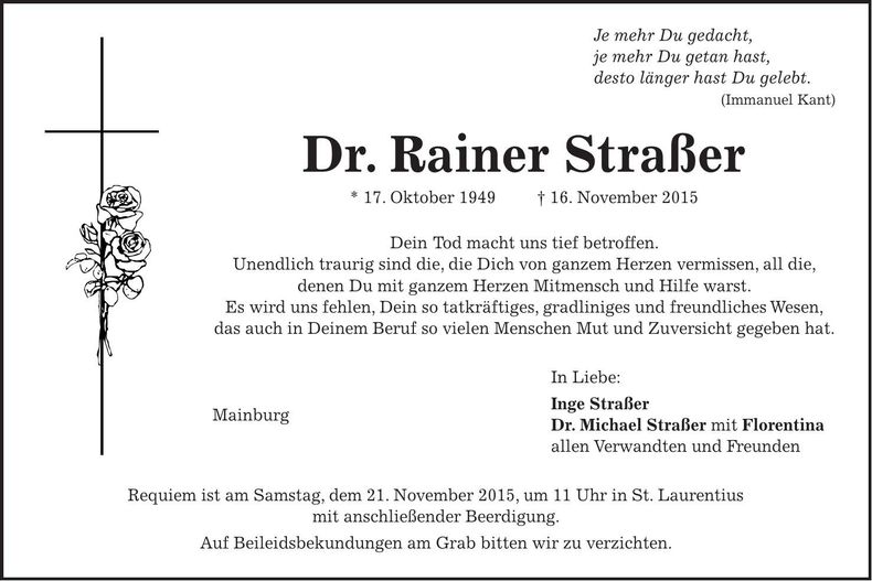Traueranzeige Dr Rainer Straßer