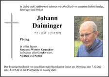 Traueranzeige Johann Daiminger