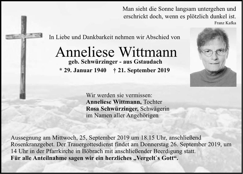 Traueranzeige Wittmann Anneliese